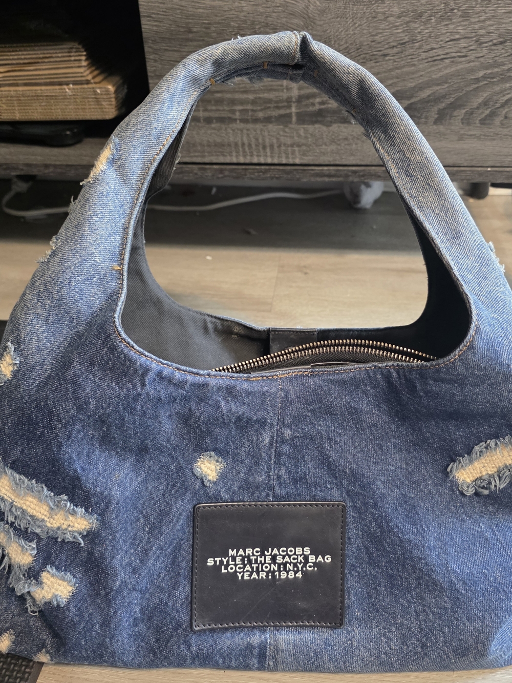 Marc Jacobs Distressed Denim Tote in Dark Blue with White Logo Limited Addition - Picture 7 of 7